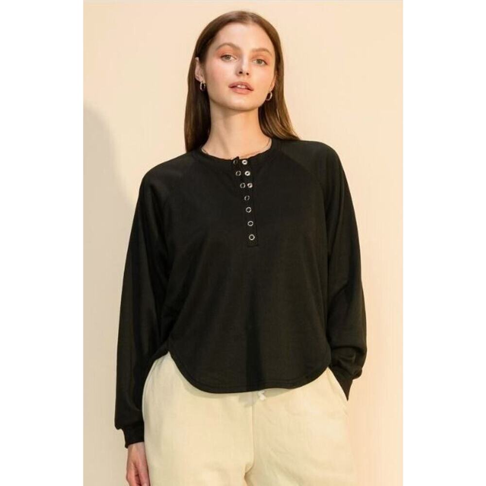 HYFVE Women's Henley High Low Oversized Sweatshirt In Black Medium MSRP‎ $49